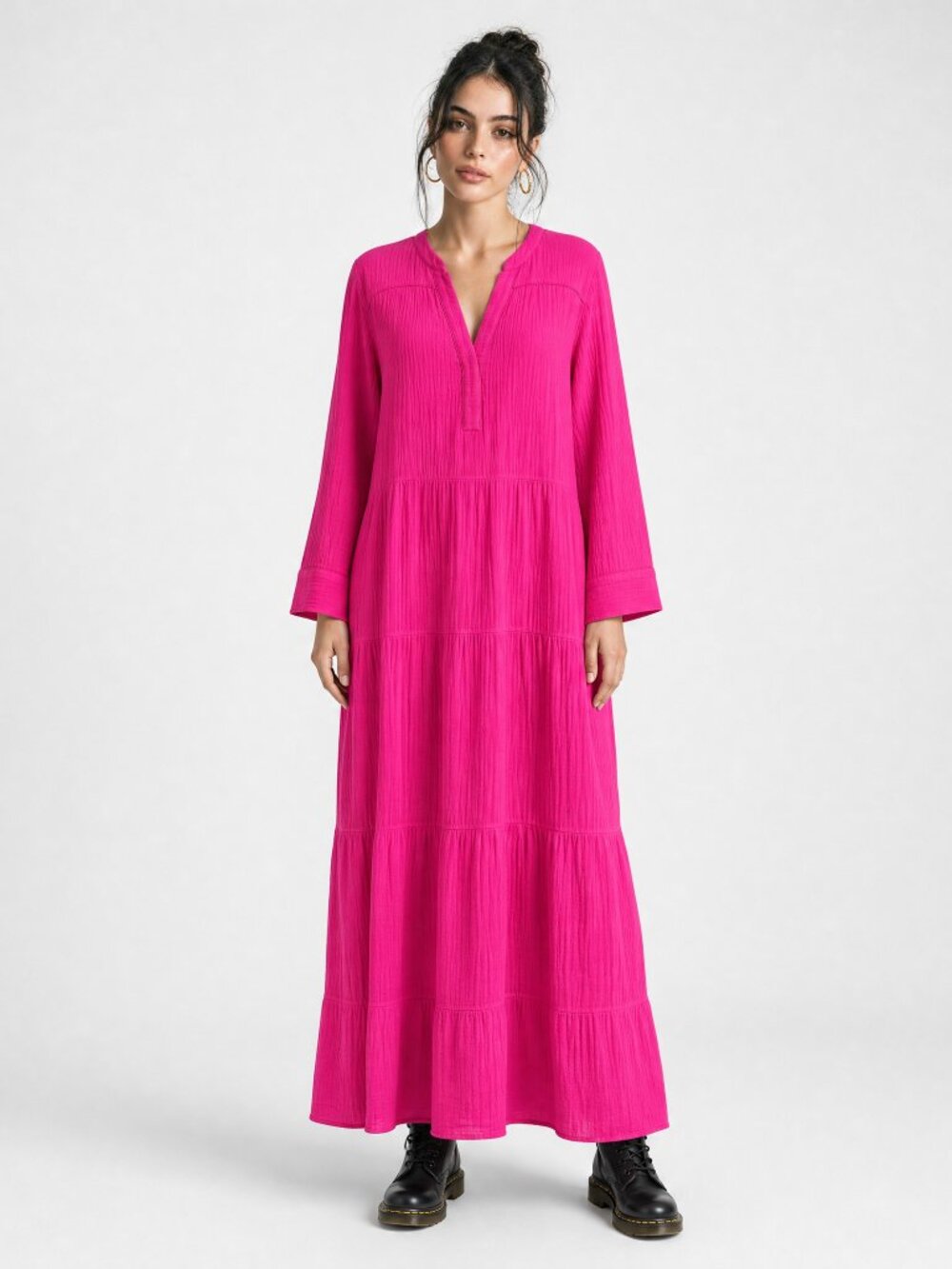Chico's Dark Bright Pink long tiered 100% cotton Peasant Dress 3 16/18